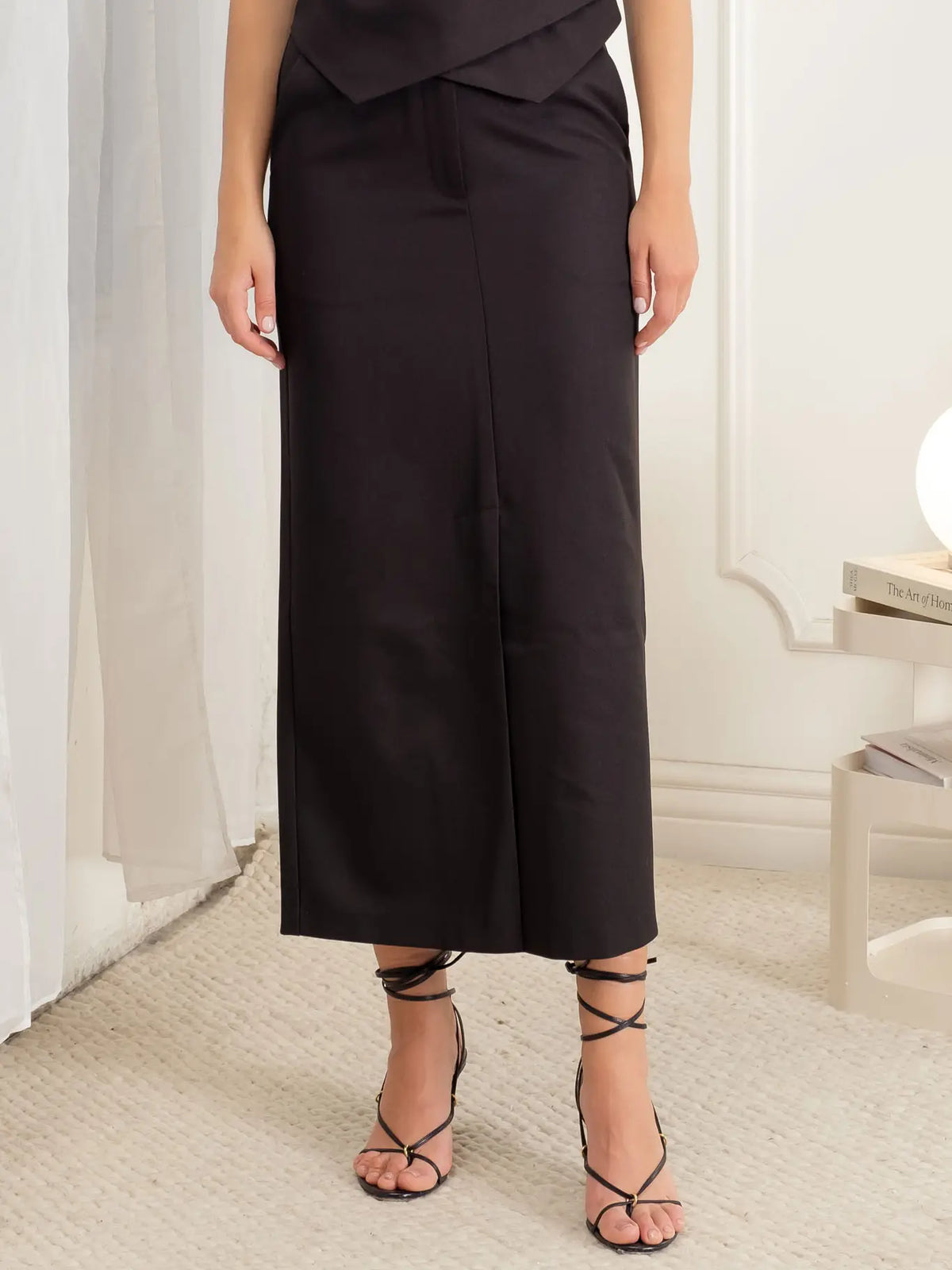 Split Hem Straight Black Midi Skirt