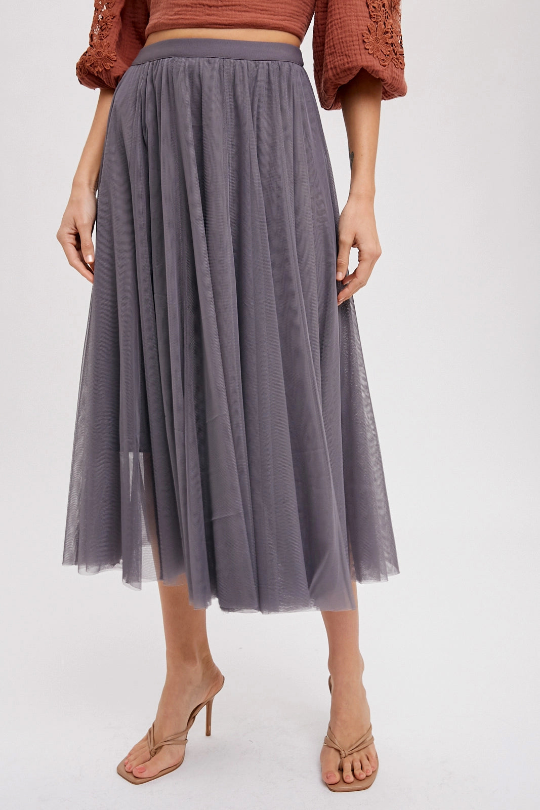 Grey Tulle Midi Skirt