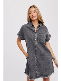 Frayed Hem Denim Shirt Dress