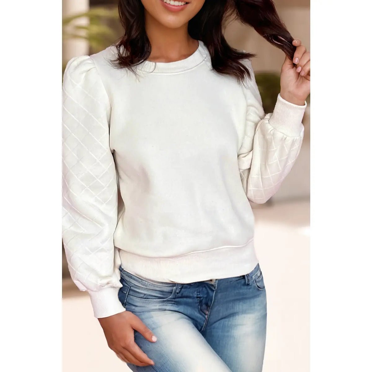 White Textured Puff Sleeve Sweatshirt