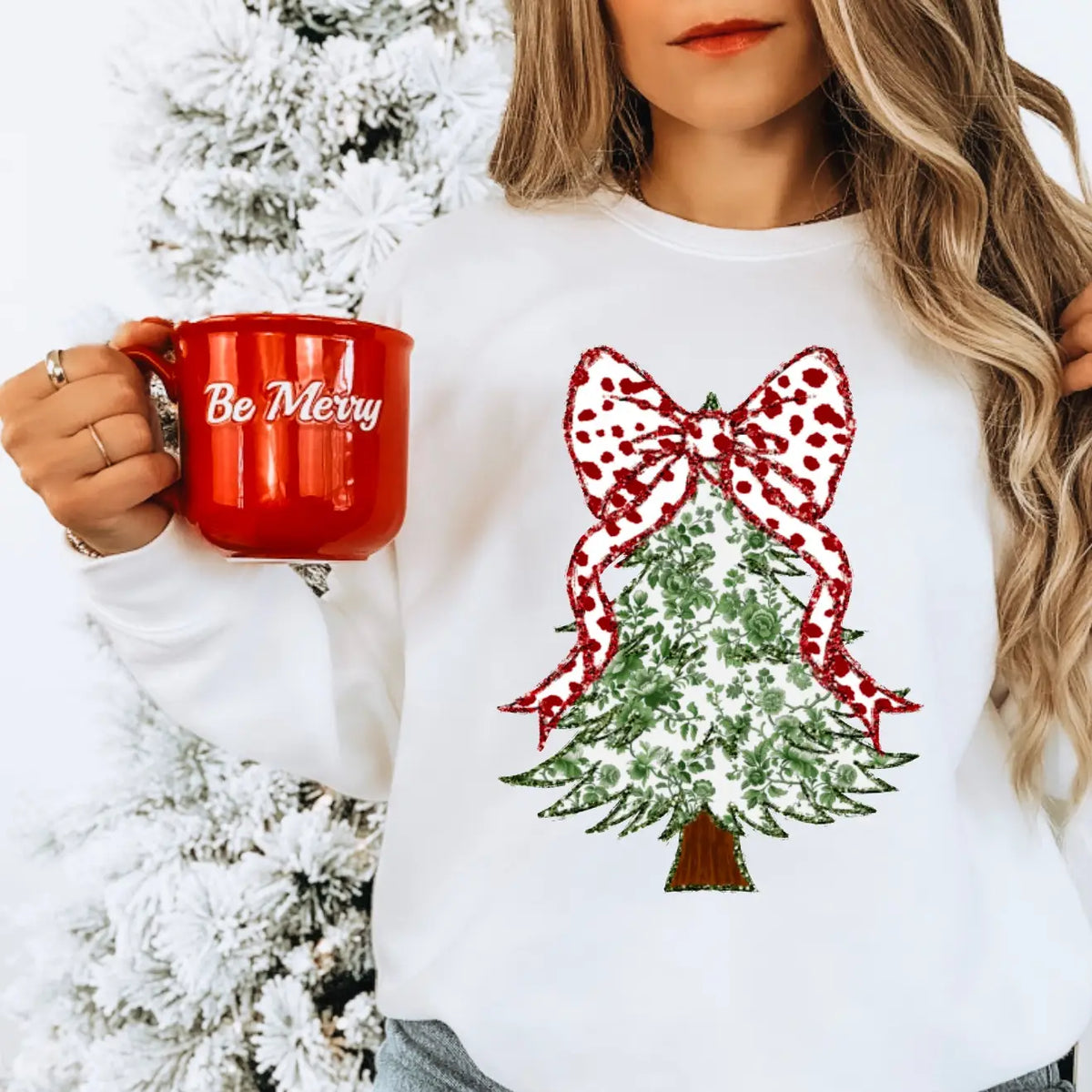 Toile Glitter Coquette Bow Christmas Tree Sweatshirt