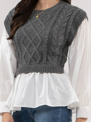 Crew Neck Cable Knit Layered Sweater Vest