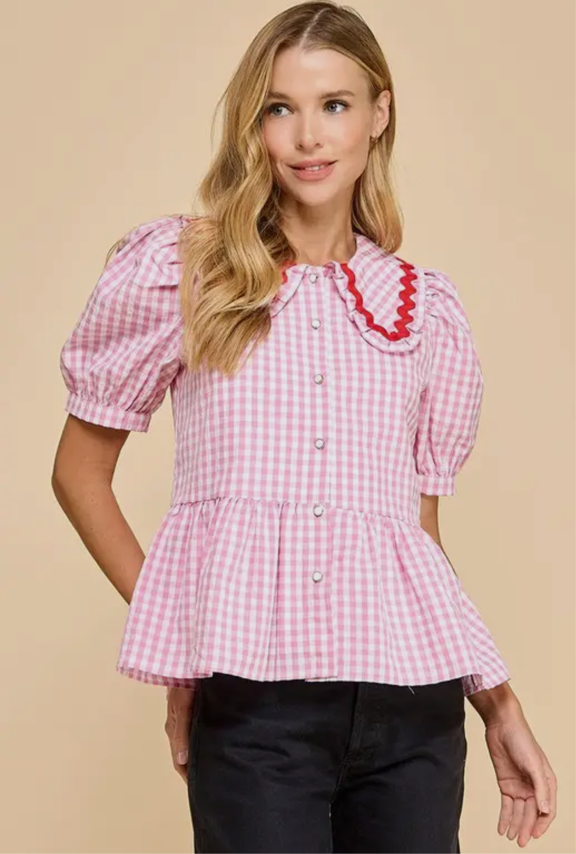 Pink Gingham Peplum Blouse