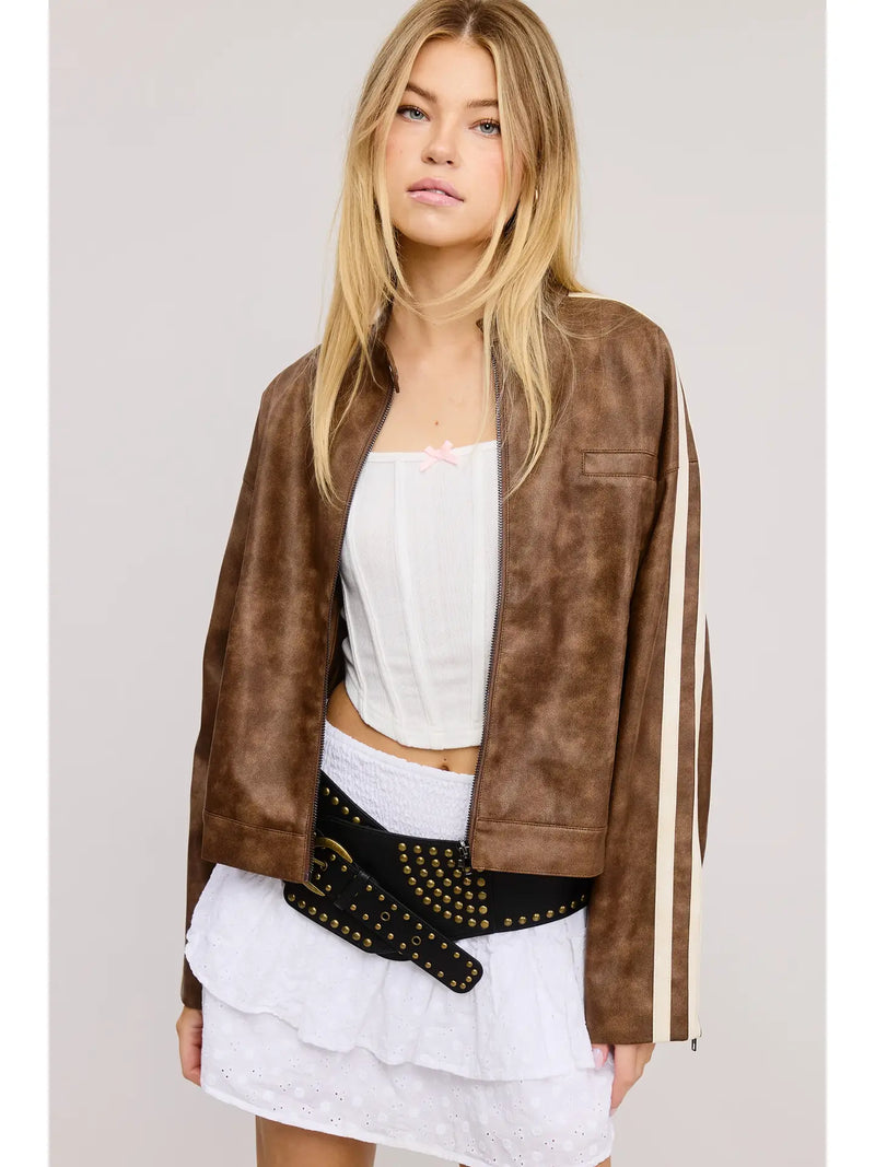 Vertical Stripe Wash Faux Leather Jacket