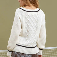 Ivory V Neck Cableknit Preppy Sweater