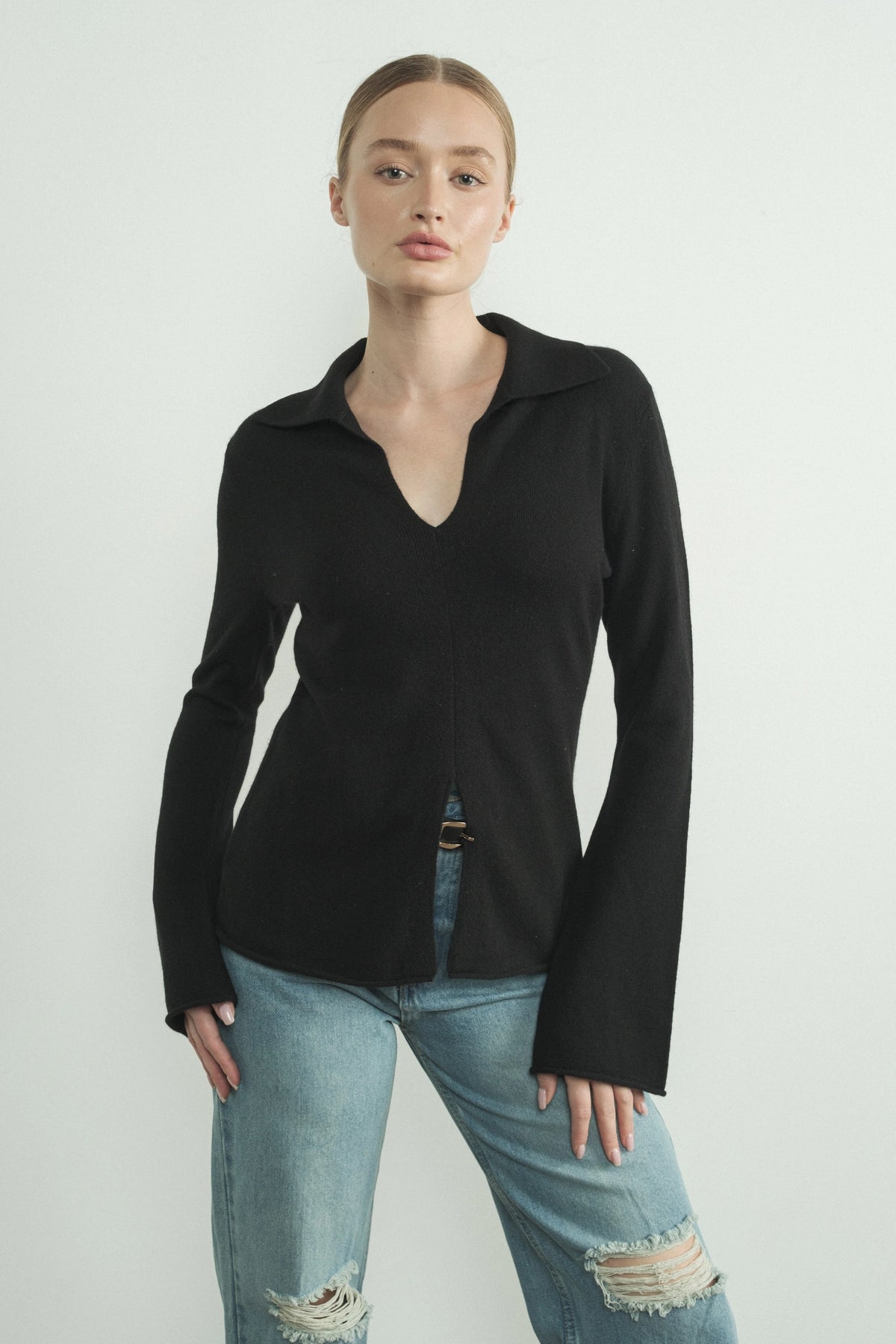 Front Center Slit Collar Sweater W Bell Cuffs