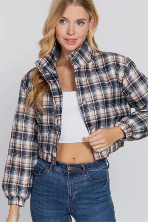 Puffer Plaid Jacket-Navy