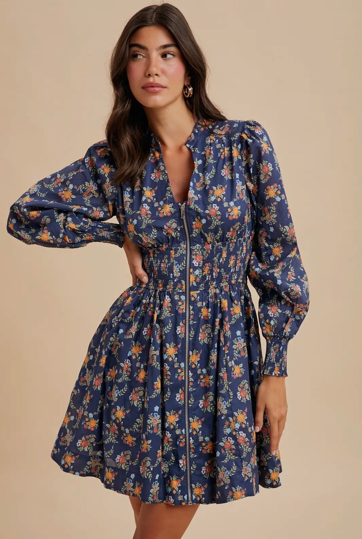 Zippered Blue Floral Dress