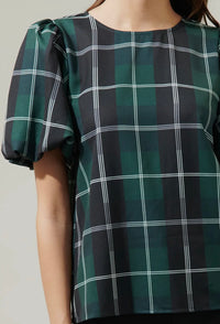 Sweet Plaid Puff Blouse