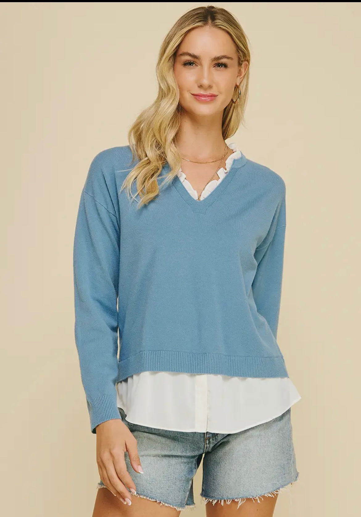 V Neck Blue Twofer Top