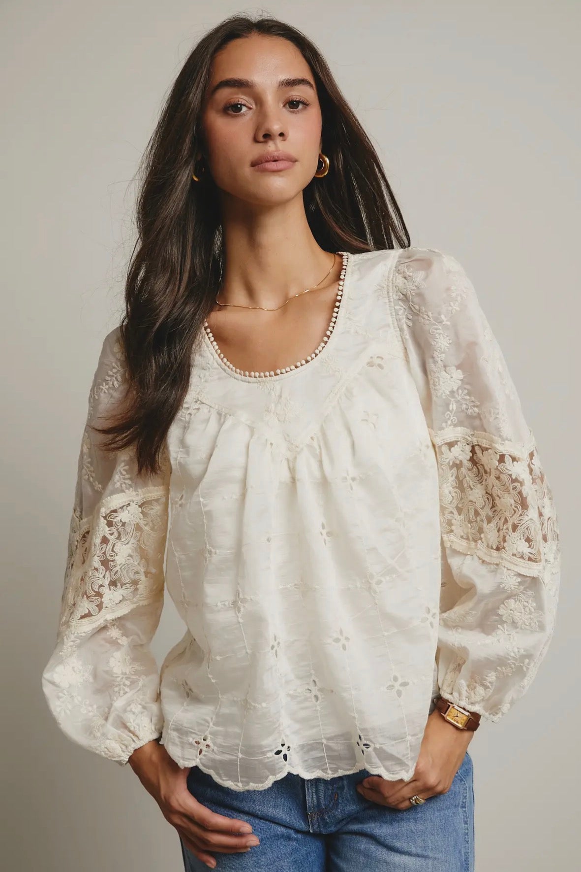 Embroidered Lace Puff Blouse