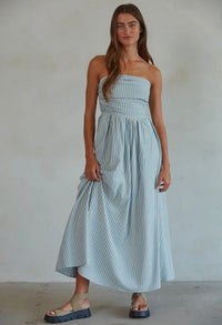 Dusty Blue Stripe Strapless Midi