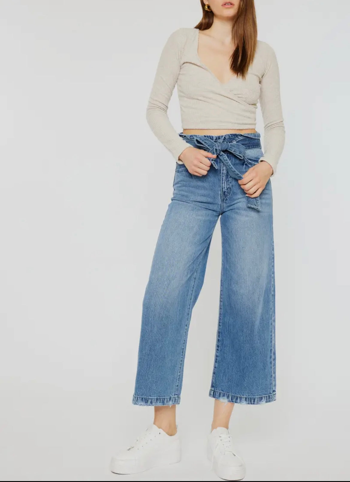 Bow Front Cropped Wide Leg Jean