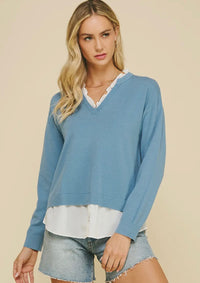 V Neck Blue Twofer Top