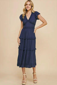 Navy Ruffled Tea Length Dress