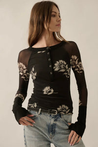 Floral Print Mesh Raglan Henley