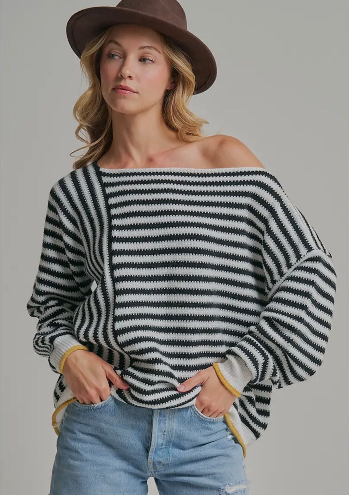 Oversized Black Stripe Sweater w Gold Trim