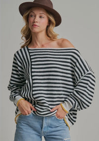 Oversized Black Stripe Sweater w Gold Trim