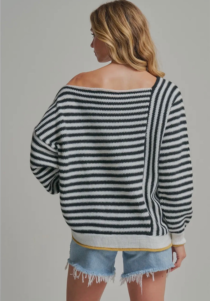 Oversized Black Stripe Sweater w Gold Trim