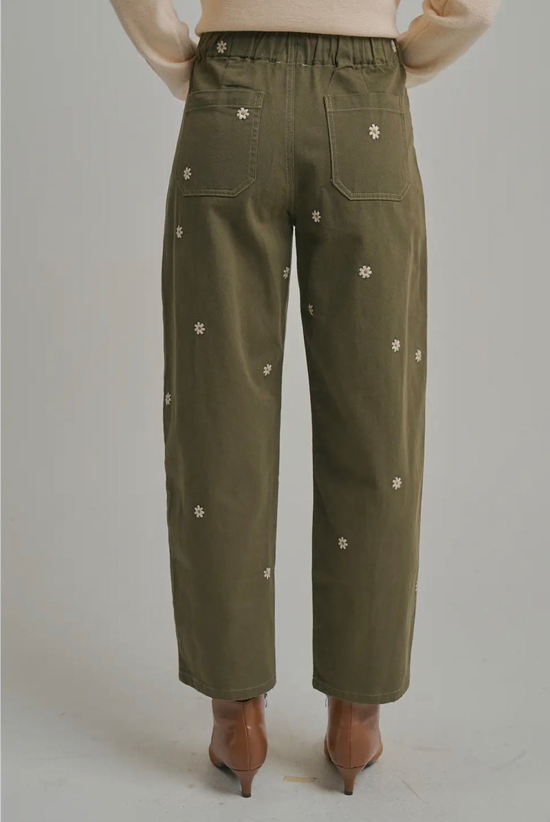 Olive Floral Embroidery Pant