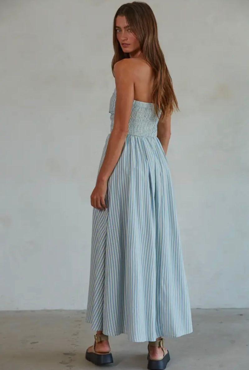 Dusty Blue Stripe Strapless Midi