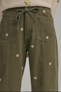 Olive Floral Embroidery Pant