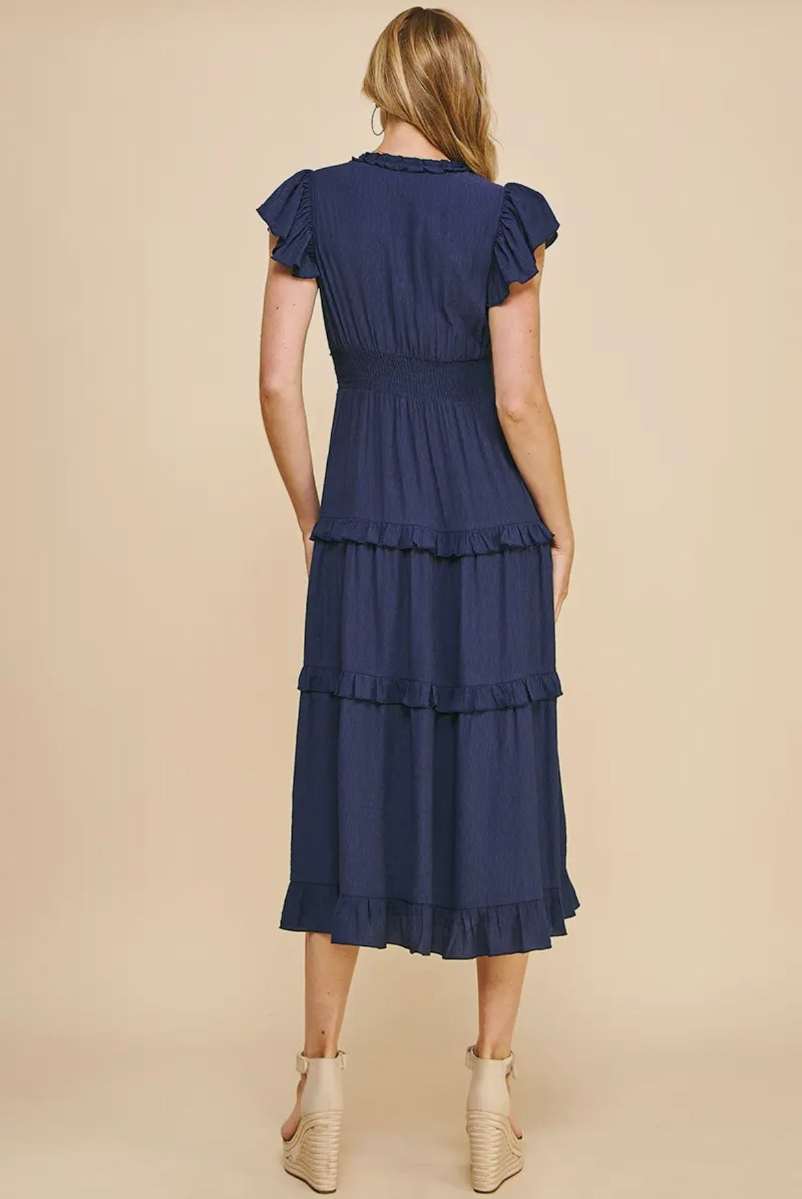 Navy Ruffled Tea Length Dress