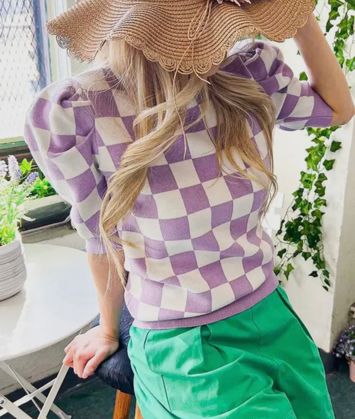 Puff Sleeve Lavender Checkerboard Sweater