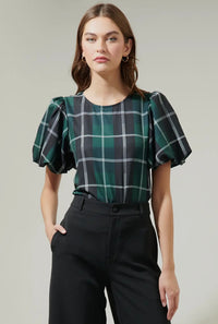 Sweet Plaid Puff Blouse