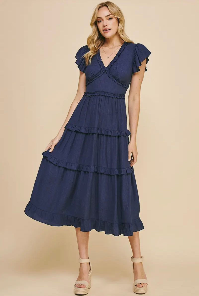 Navy Ruffled Tea Length Dress