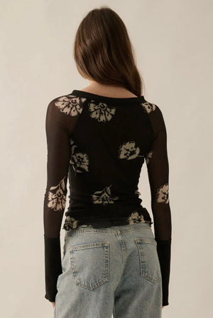 Floral Print Mesh Raglan Henley