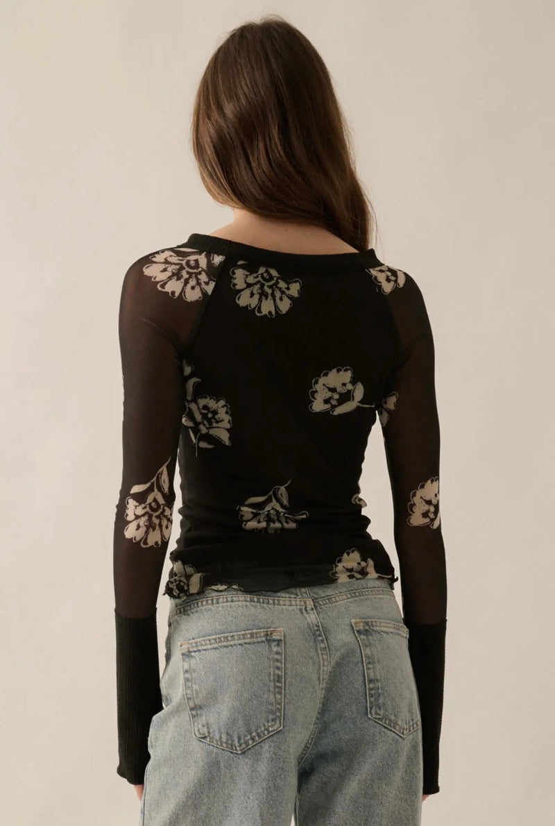 Floral Print Mesh Raglan Henley