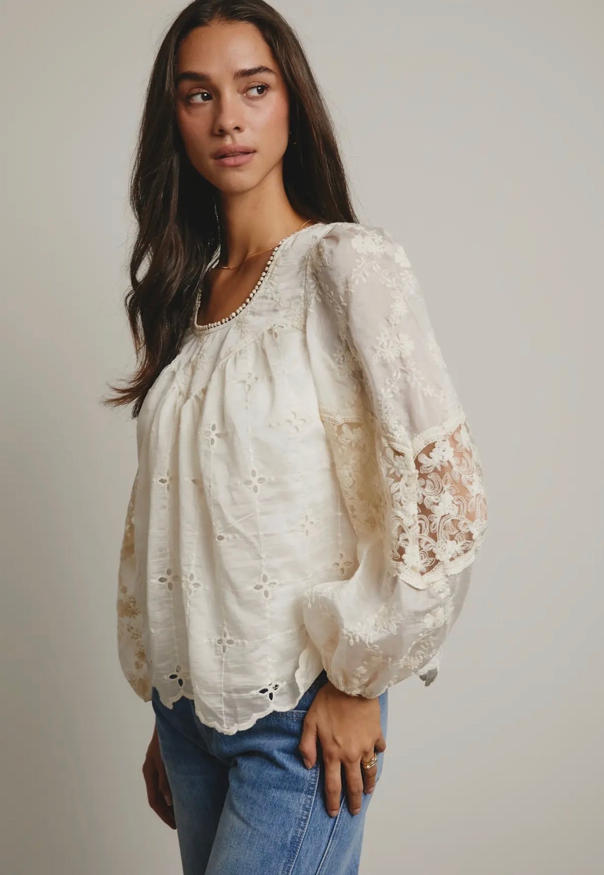 Embroidered Lace Puff Blouse