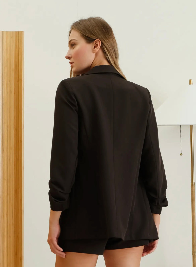 Black 3/4 Ruched Sleeve Blazer