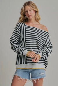 Oversized Black Stripe Sweater w Gold Trim