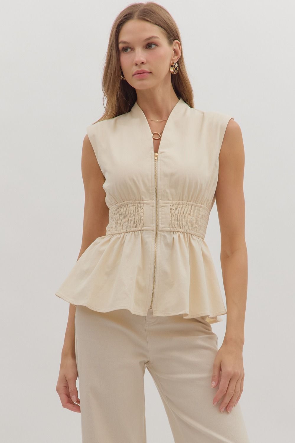 Champagne Zip Peplum Top
