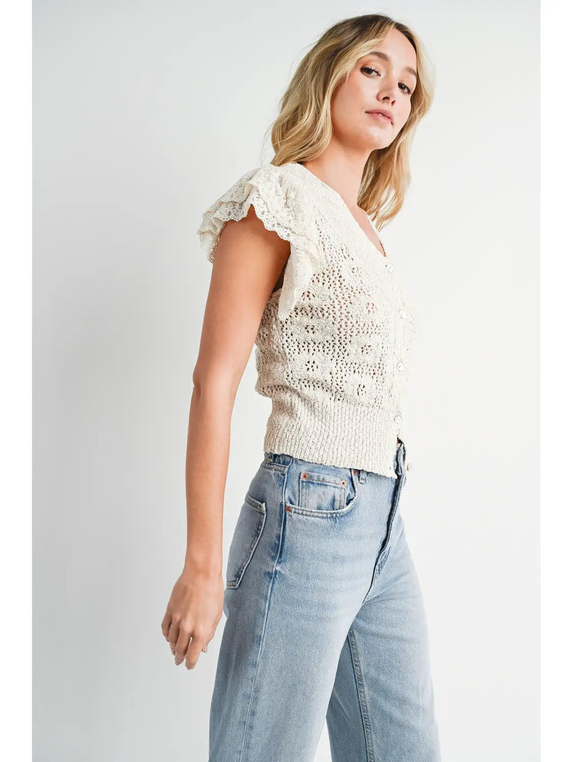 Crochet Button Down Ruffled Sleeve Top