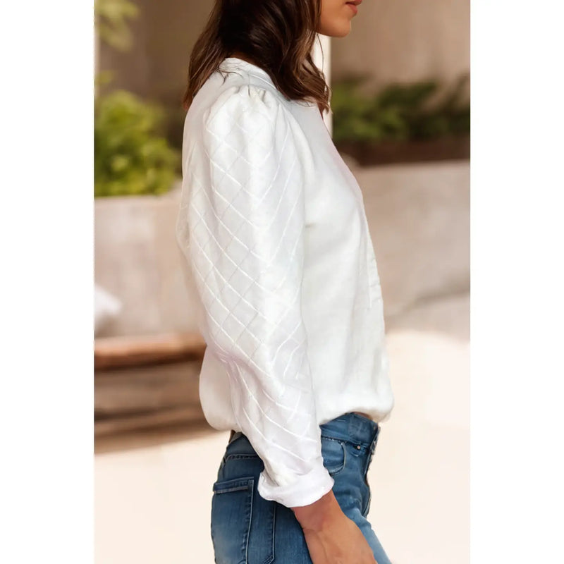 White Textured Puff Sleeve Sweatshirt