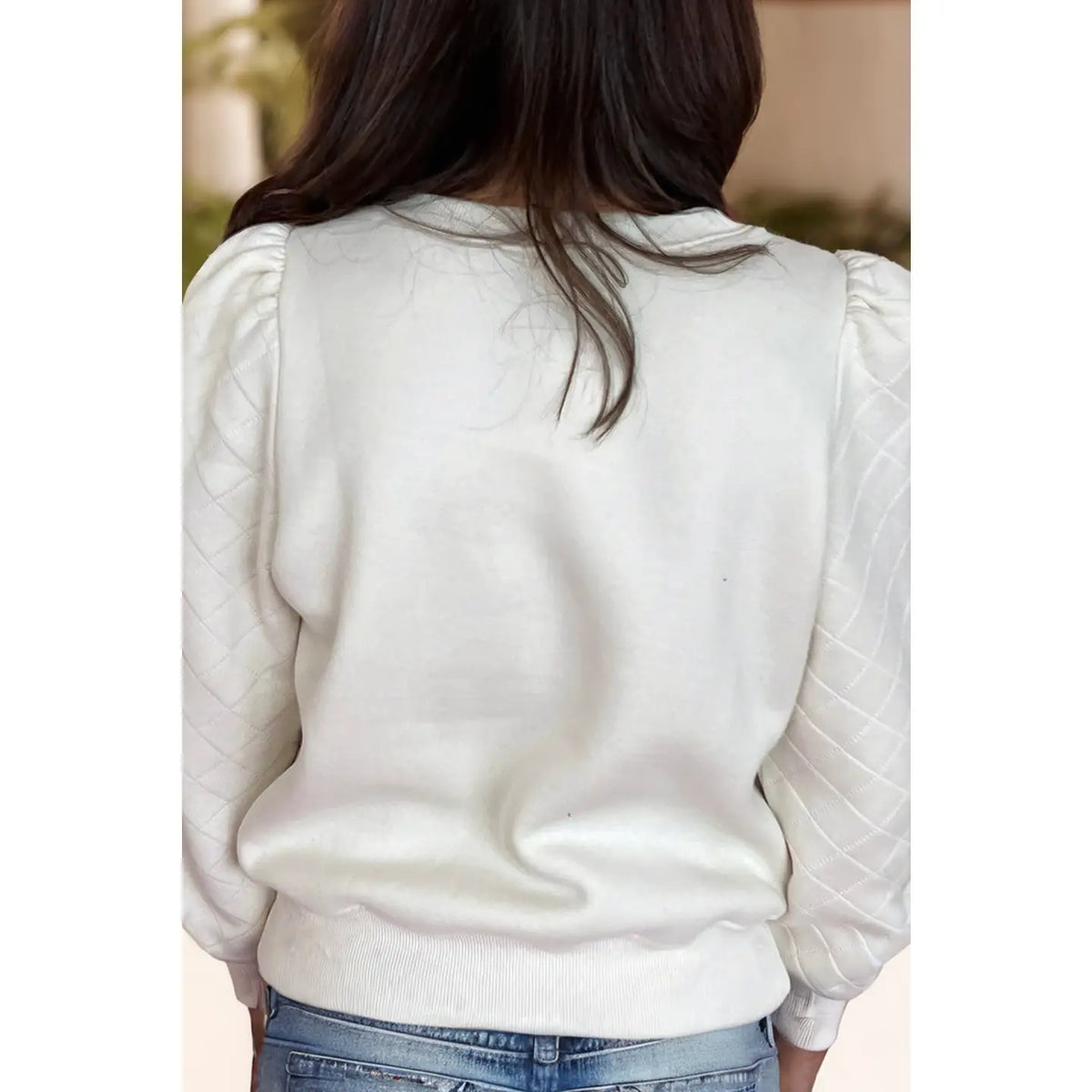 White Textured Puff Sleeve Sweatshirt