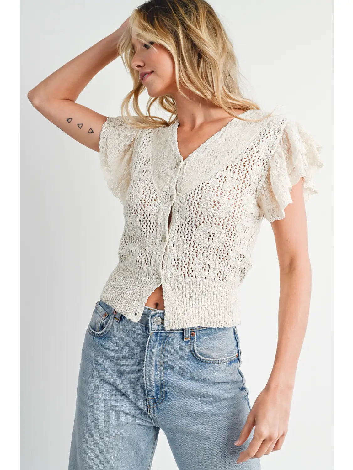 Crochet Button Down Ruffled Sleeve Top