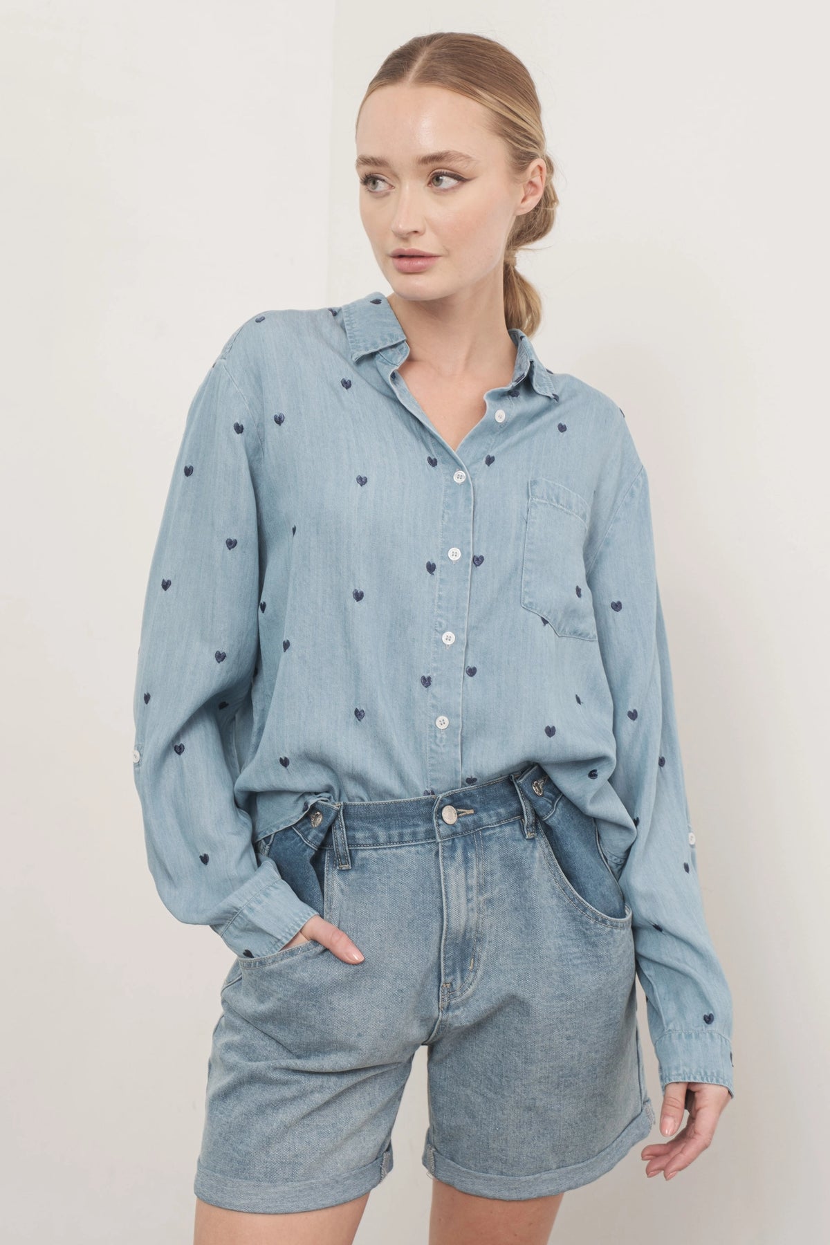 Heart Embroidered Denim Shirt