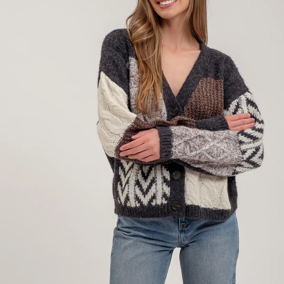 Patchwork Cable Knit Cardigan