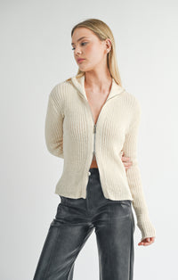 Tori Ribbed Zip Up Cardi- Ivory